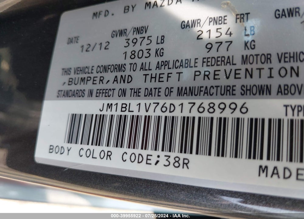 2013 MAZDA 3 I TOURING VIN: JM1BL1V76D1768996