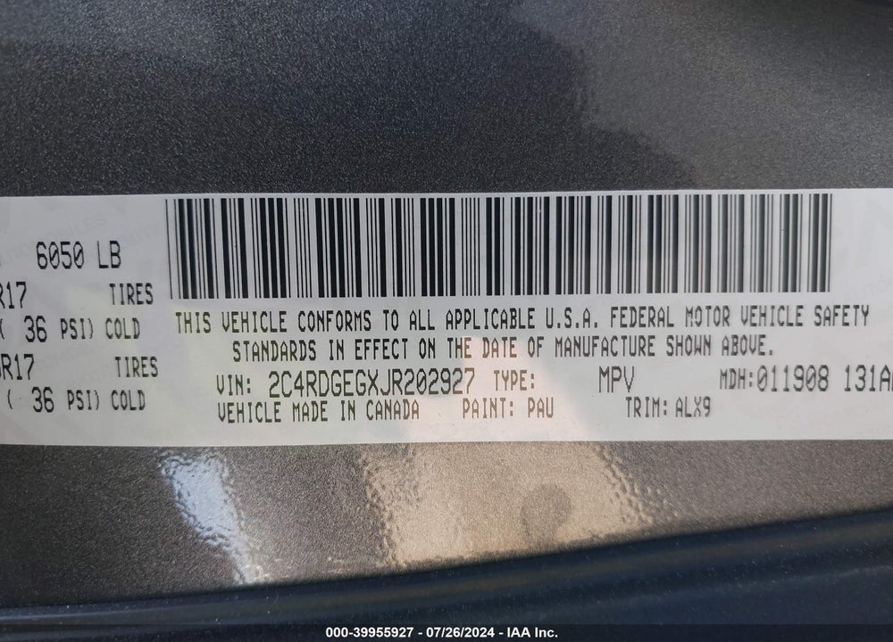 2018 DODGE GRAND CARAVAN GT VIN: 2C4RDGEGXJR202927