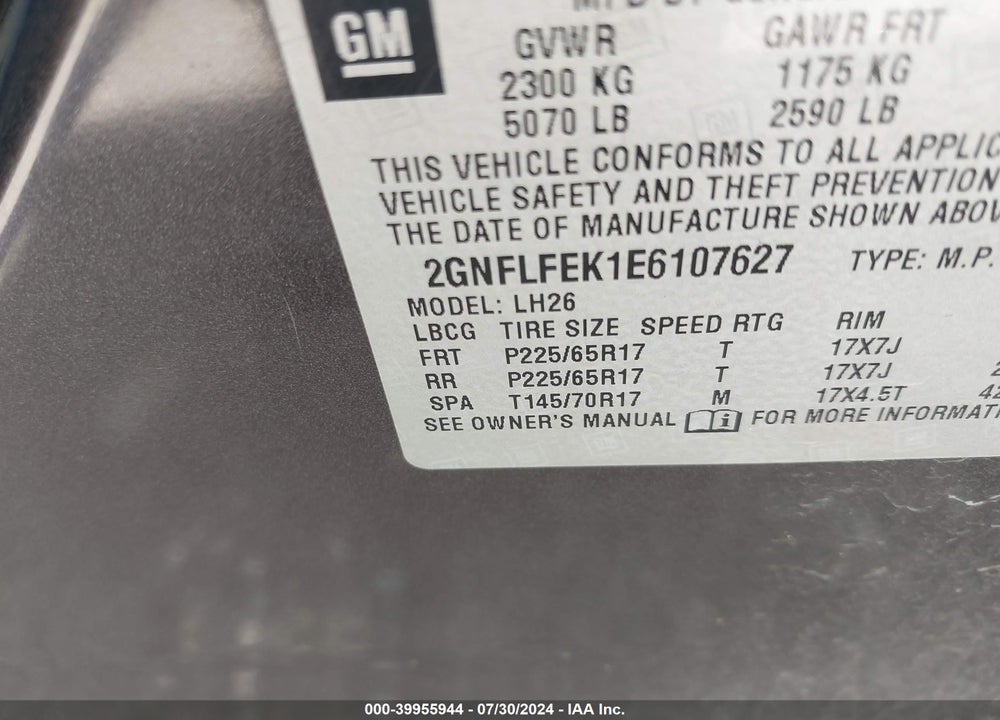 2014 CHEVROLET EQUINOX 1LT VIN: 2GNFLFEK1E6107627