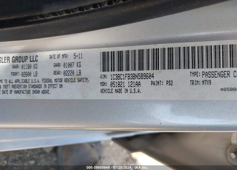 2011 CHRYSLER 200 TOURING VIN: 1C3BC1FB3BN589604
