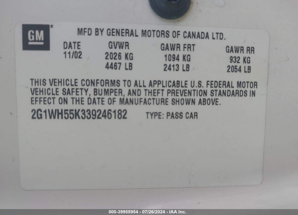 2003 CHEVROLET IMPALA LS VIN: 2G1WH55K339246182