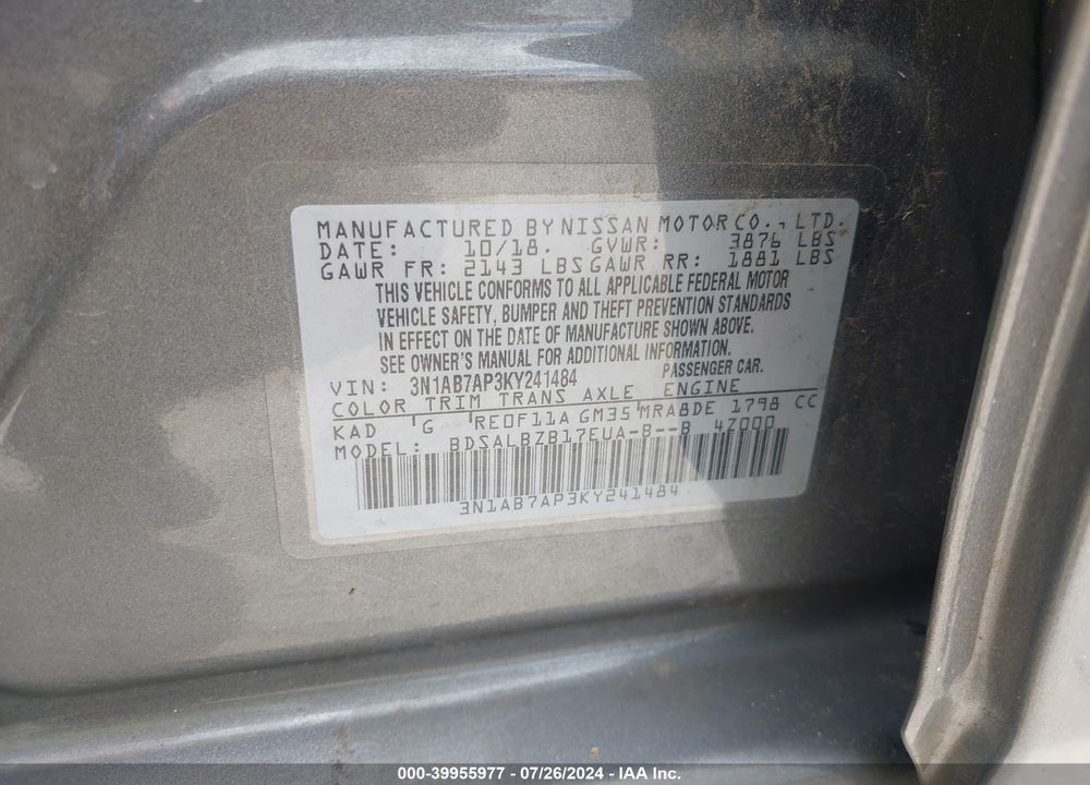 2019 NISSAN SENTRA S VIN: 3N1AB7AP3KY241484