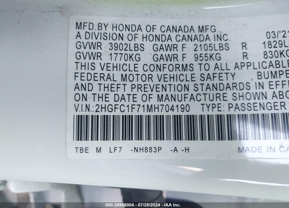 2021 HONDA CIVIC EX-L VIN: 2HGFC1F71MH704190