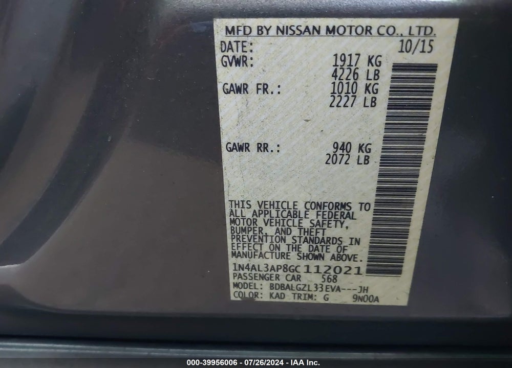 2016 NISSAN ALTIMA 2.5 S VIN: 1N4AL3AP8GC112021