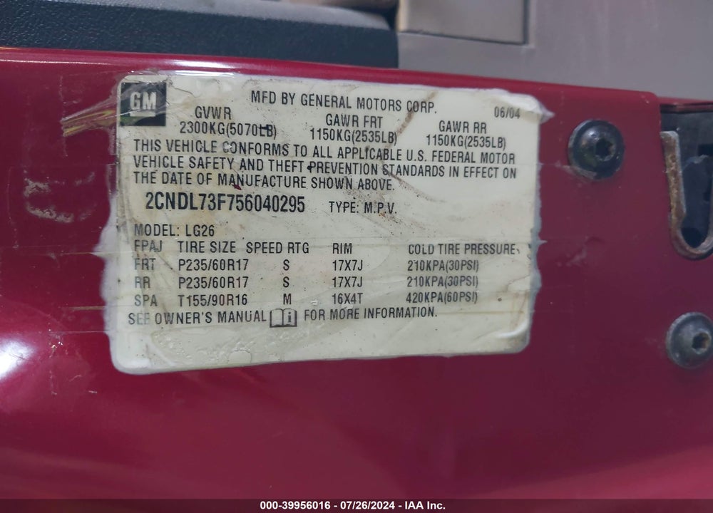 2005 CHEVROLET EQUINOX LT VIN: 2CNDL73F756040295