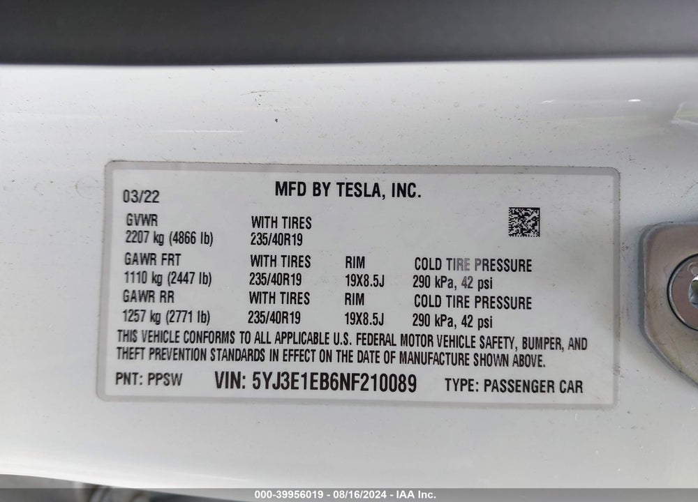 2022 TESLA MODEL 3 LONG RANGE DUAL MOTOR ALL-WHEEL DRIVE VIN: 5YJ3E1EB6NF210089