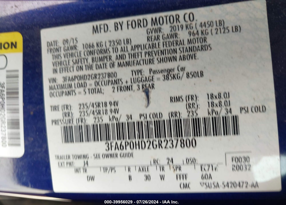 2016 FORD FUSION VIN: 3FA6P0HD2GR237800