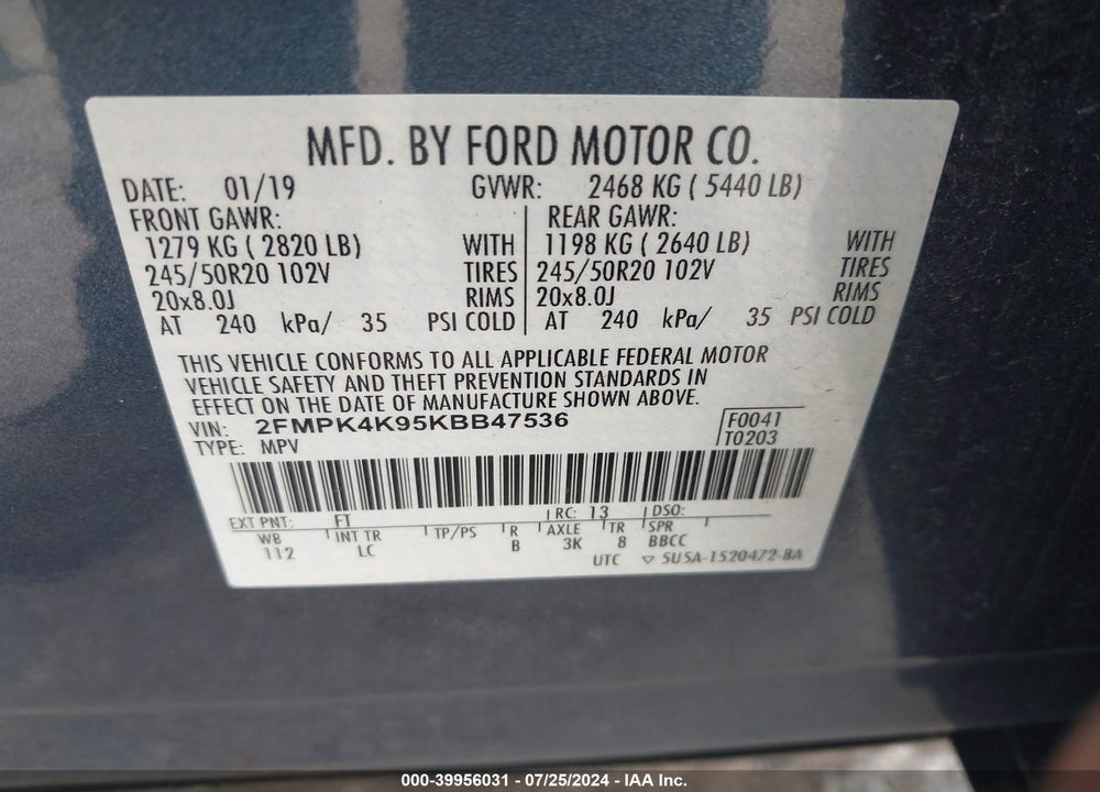 2019 FORD EDGE TITANIUM VIN: 2FMPK4K95KBB47536