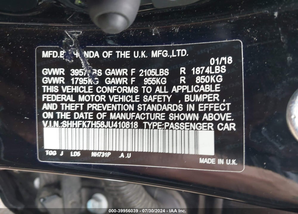 2018 HONDA CIVIC EX VIN: SHHFK7H58JU410818