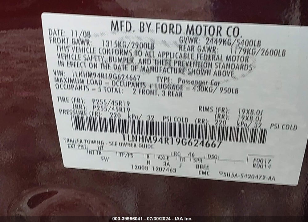 2009 LINCOLN MKS VIN: 1LNHM94R19G624667