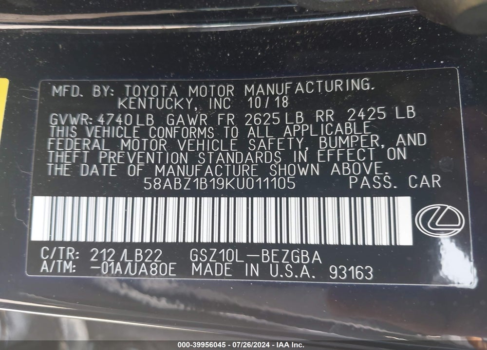 2019 LEXUS ES 350 F SPORT/LUXURY/ULTRA LUXURY VIN: 58ABZ1B19KU011105