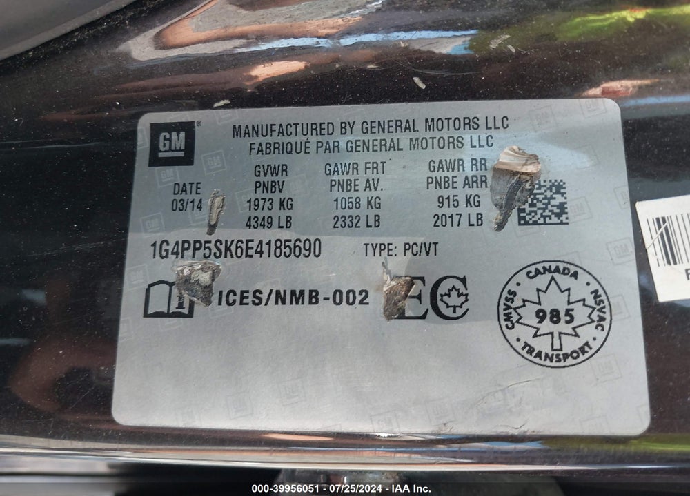2014 BUICK VERANO VIN: 1G4PP5SK6E4185690