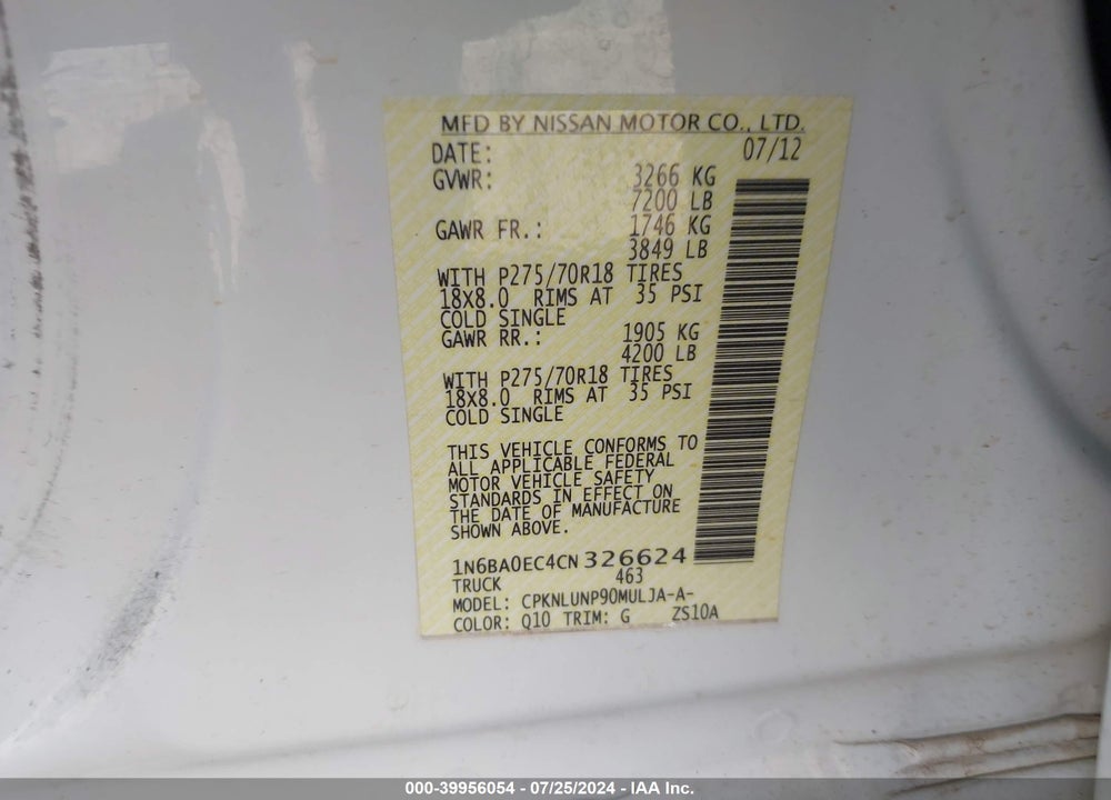 2012 NISSAN TITAN PRO-4X VIN: 1N6BA0EC4CN326624