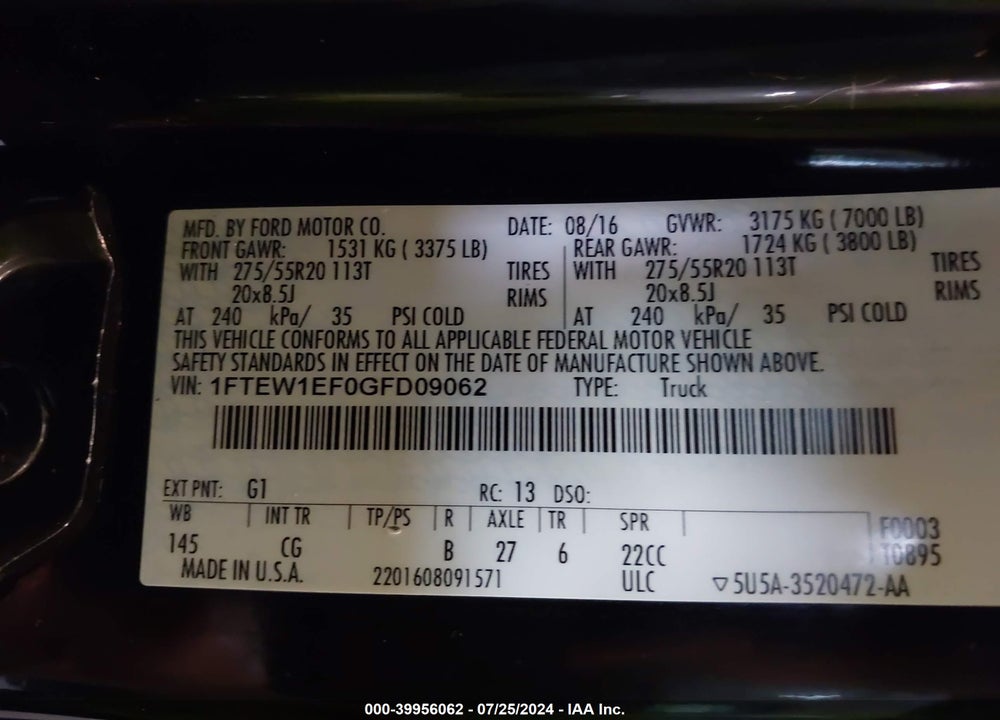 2016 FORD F-150 XL VIN: 1FTEW1EF0GFD09062