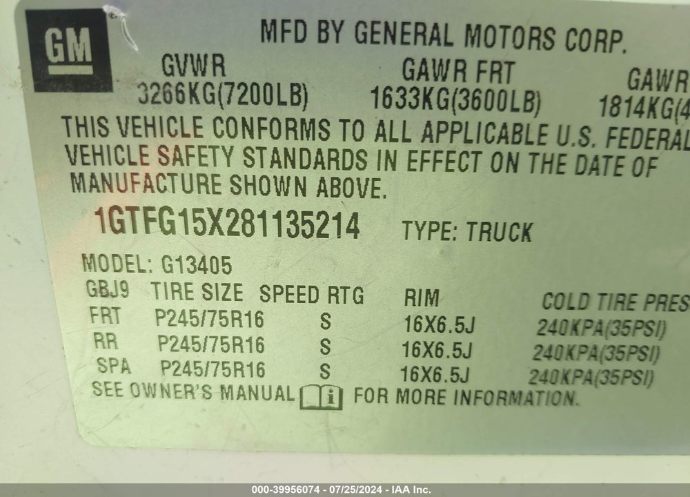 2008 GMC SAVANA WORK VAN VIN: 1GTFG15X281135214