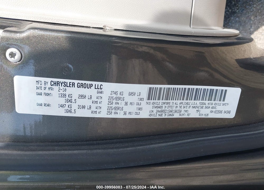 2010 CHRYSLER TOWN & COUNTRY TOURING VIN: 2A4RR5D15AR190330