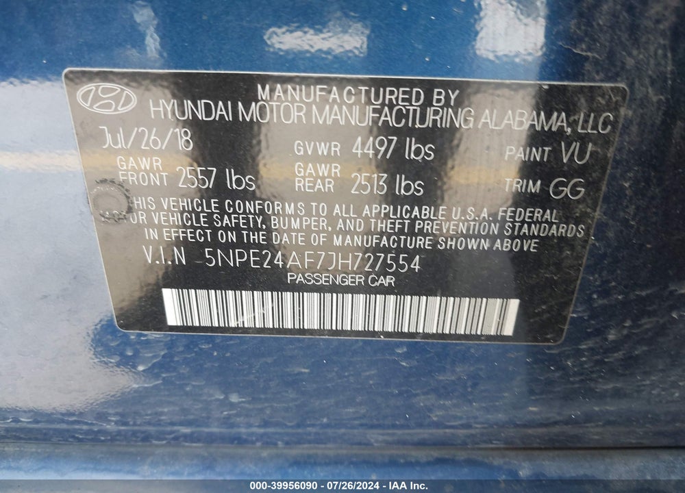 2018 HYUNDAI SONATA SE VIN: 5NPE24AF7JH727554