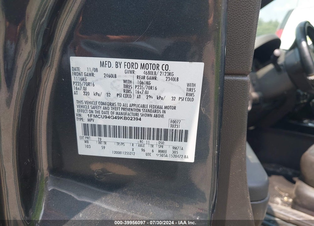 2009 FORD ESCAPE LIMITED VIN: 1FMCU94G49KB02394