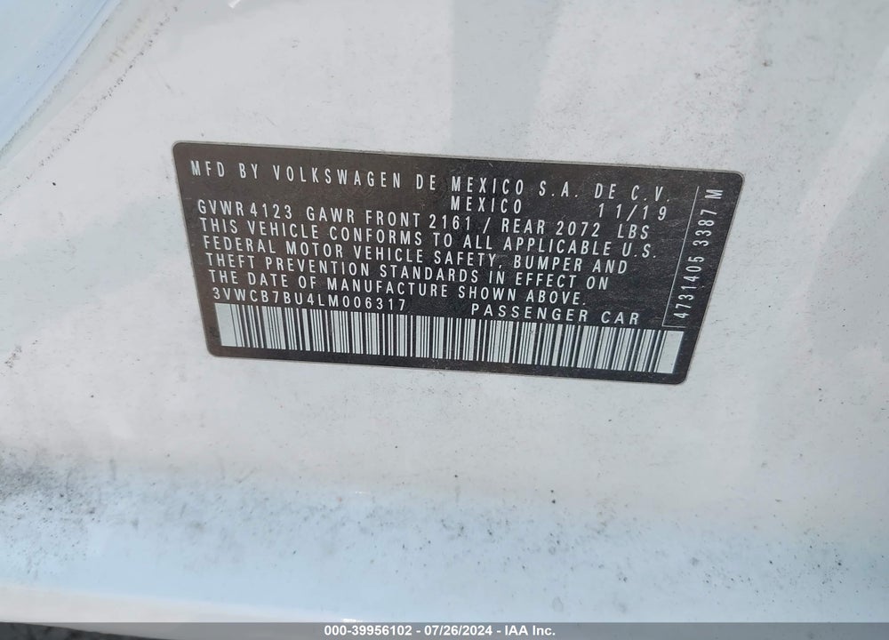 2020 VOLKSWAGEN JETTA 1.4T R-LINE/1.4T S/1.4T SE VIN: 3VWCB7BU4LM006317