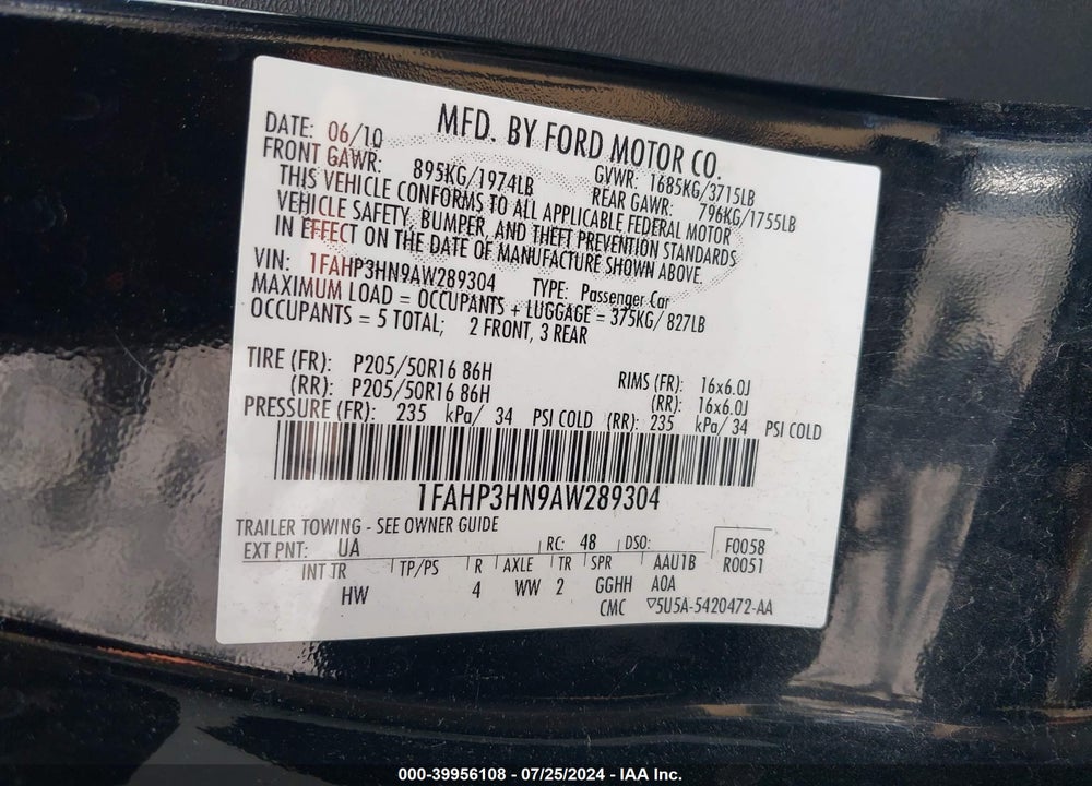 2010 FORD FOCUS SEL VIN: 1FAHP3HN9AW289304