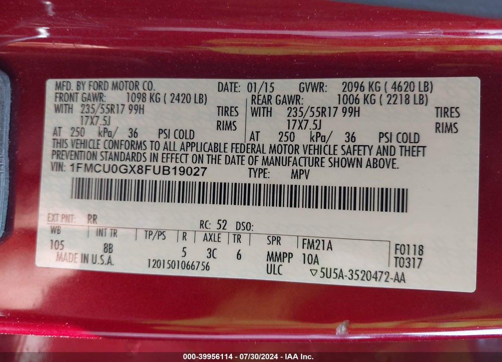 2015 FORD ESCAPE SE VIN: 1FMCU0GX8FUB19027