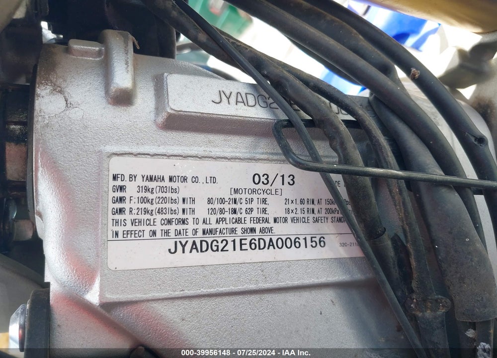 2013 YAMAHA WR250 R VIN: JYADG21E6DA006156