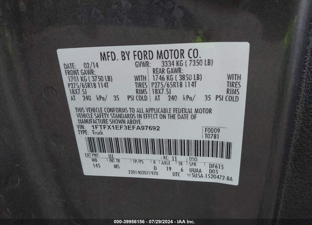 2014 FORD F-150 XLT VIN: 1FTFX1EF3EFA97692