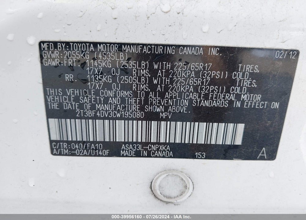 2012 TOYOTA RAV4 VIN: 2T3BF4DV3CW195080