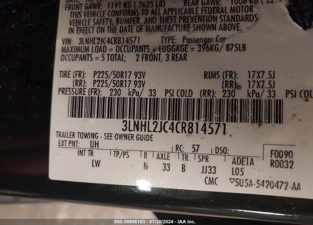 2012 LINCOLN MKZ VIN: 3LNHL2JC4CR814571