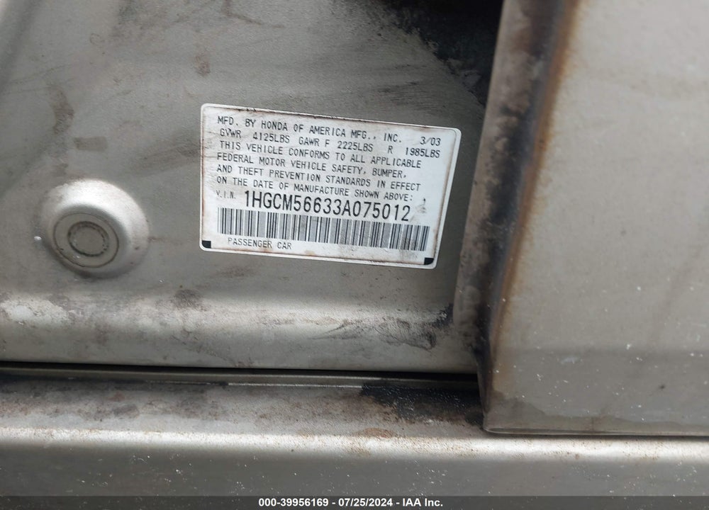 2003 HONDA ACCORD 2.4 EX VIN: 1HGCM56633A075012