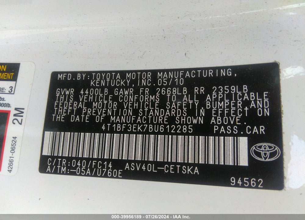 2011 TOYOTA CAMRY LE/SE/XLE VIN: 4T1BF3EK7BU612285