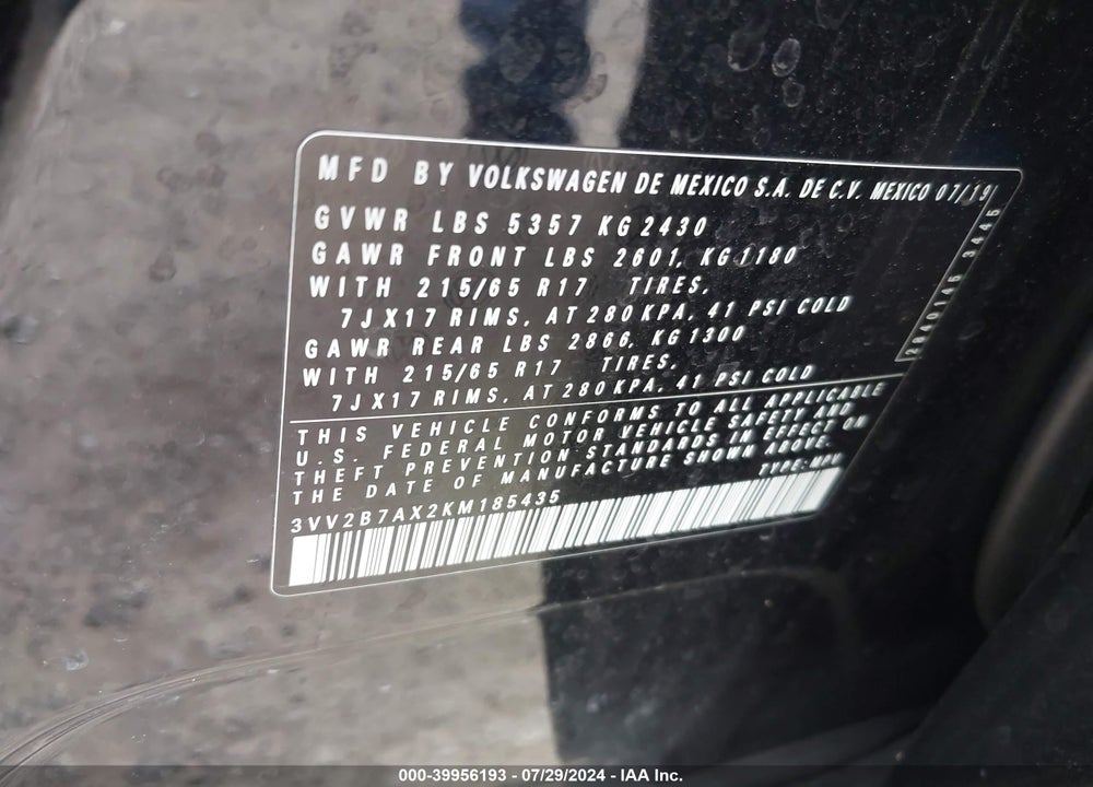 2019 VOLKSWAGEN TIGUAN 2.0T SE/2.0T SEL/2.0T SEL R-LINE/2.0T SEL R-LINE BLACK VIN: 3VV2B7AX2KM185435