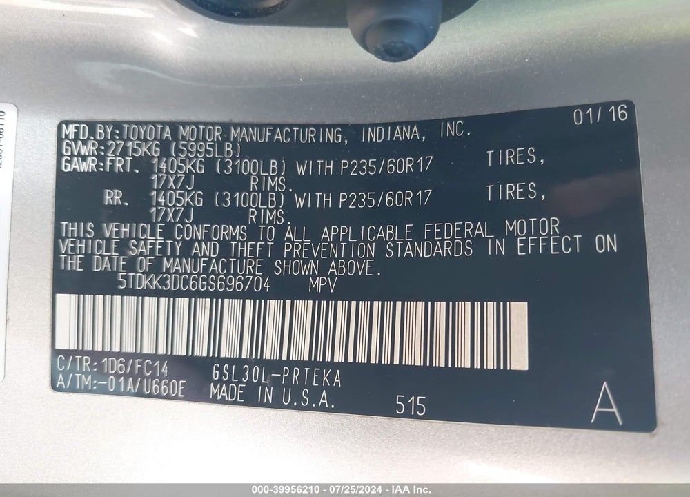2016 TOYOTA SIENNA LE/LE 7 PASSENGER VIN: 5TDKK3DC6GS696704