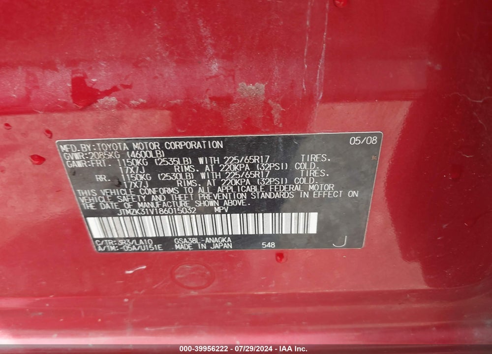 2008 TOYOTA RAV4 LIMITED V6 VIN: JTMZK31V186015032