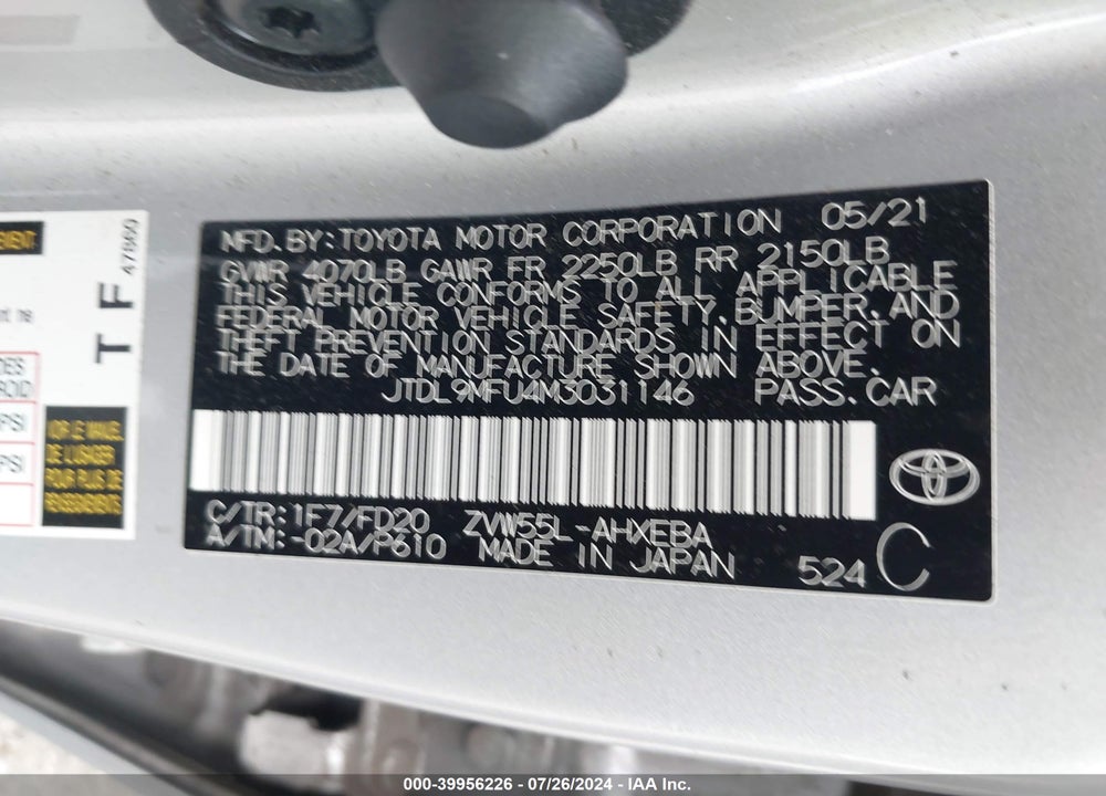2021 TOYOTA PRIUS LE AWD-E VIN: JTDL9MFU4M3031146
