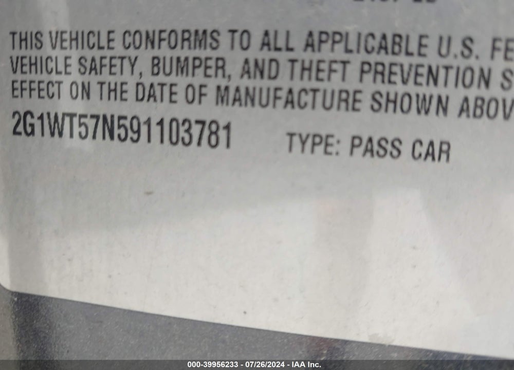 2009 CHEVROLET IMPALA VIN: 2G1WT57N591103781