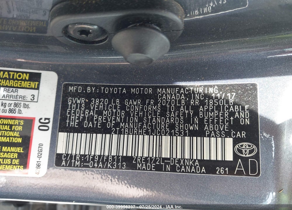 2018 TOYOTA COROLLA LE VIN: 2T1BURHE1JC021531