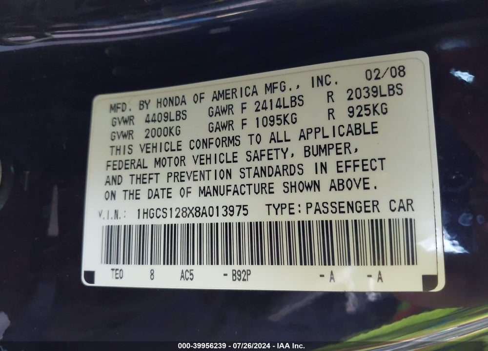 2008 HONDA ACCORD 2.4 EX-L VIN: 1HGCS128X8A013975