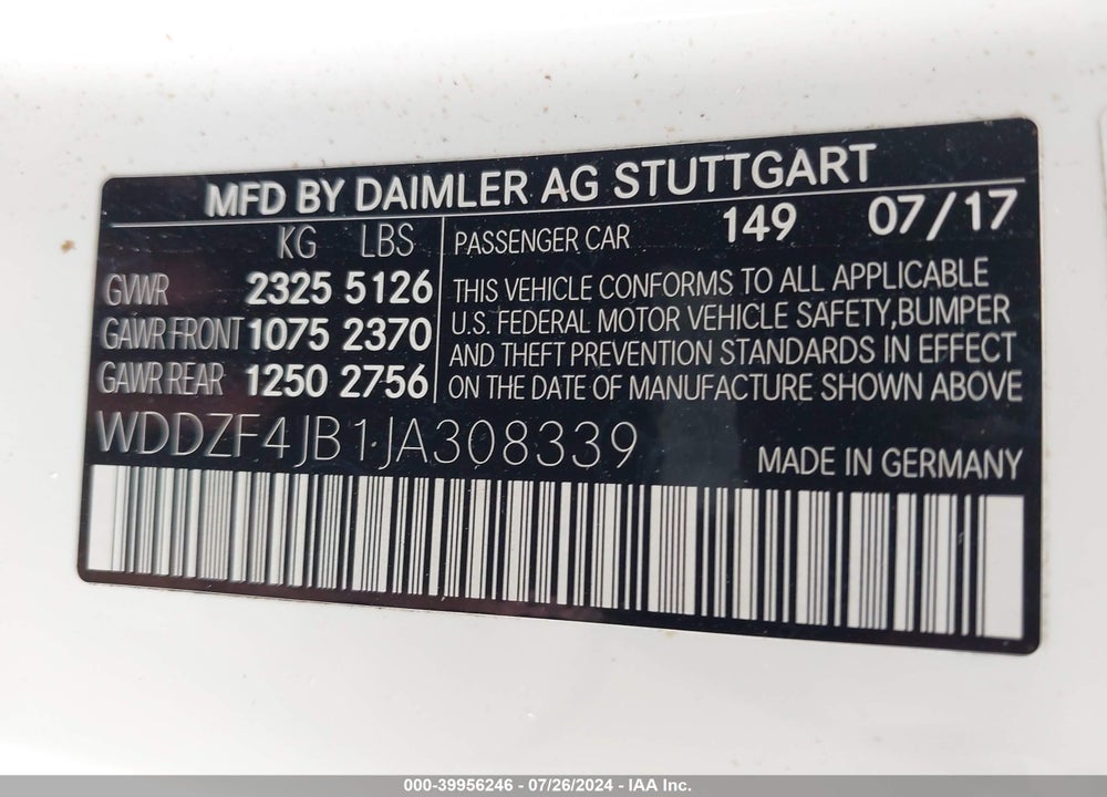 2018 MERCEDES-BENZ E 300 VIN: WDDZF4JB1JA308339