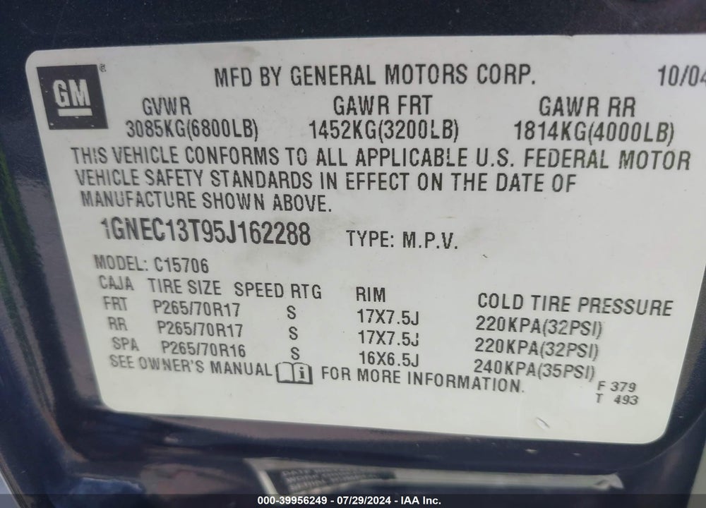 2005 CHEVROLET TAHOE LT VIN: 1GNEC13T95J162288