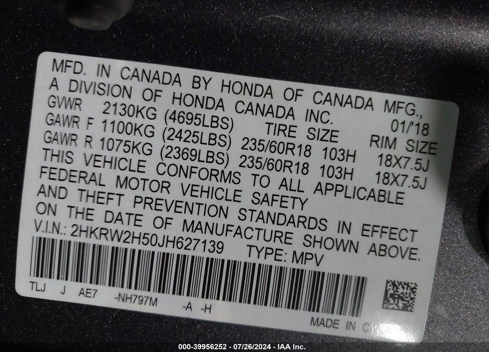 2018 HONDA CR-V VIN: 2HKRW2H50JH627139