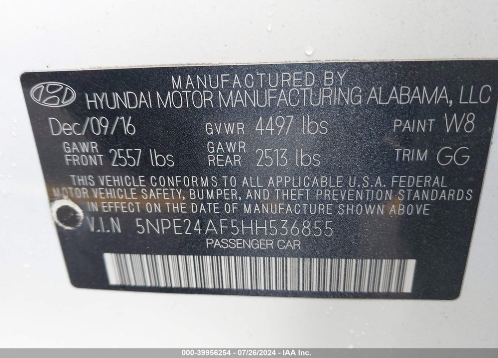 2017 HYUNDAI SONATA SE VIN: 5NPE24AF5HH536855
