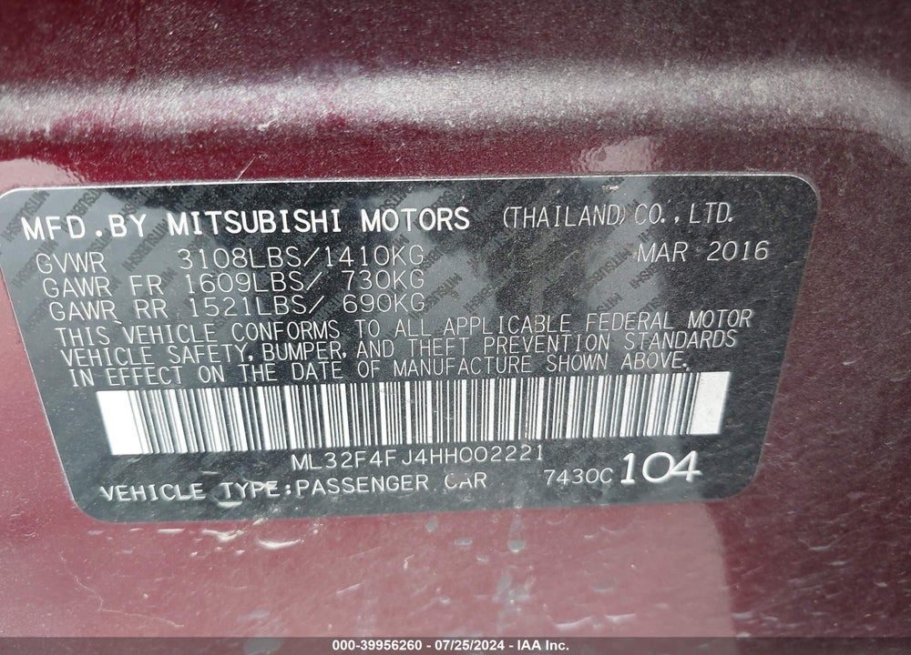 2017 MITSUBISHI MIRAGE G4 SE VIN: ML32F4FJ4HH002221