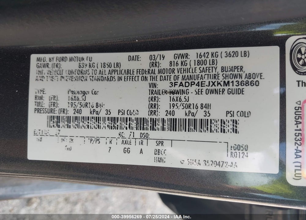 2019 FORD FIESTA SE VIN: 3FADP4EJXKM136860