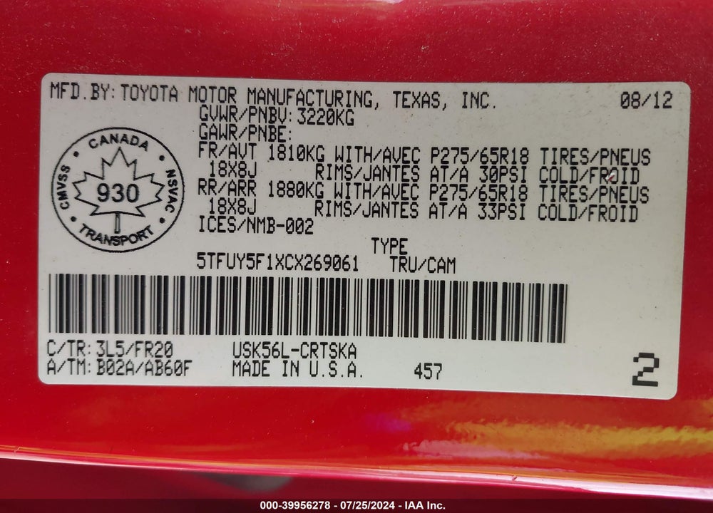 2012 TOYOTA TUNDRA GRADE 5.7L V8 VIN: 5TFUY5F1XCX269061