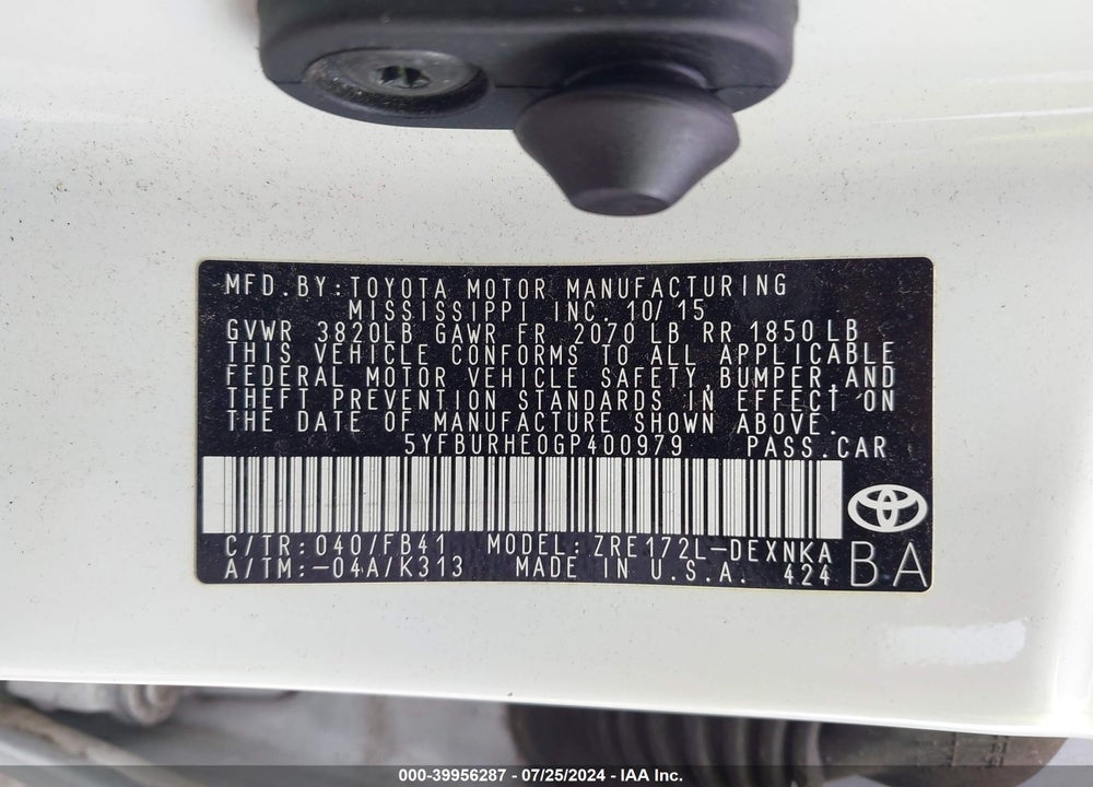 2016 TOYOTA COROLLA LE VIN: 5YFBURHE0GP400979