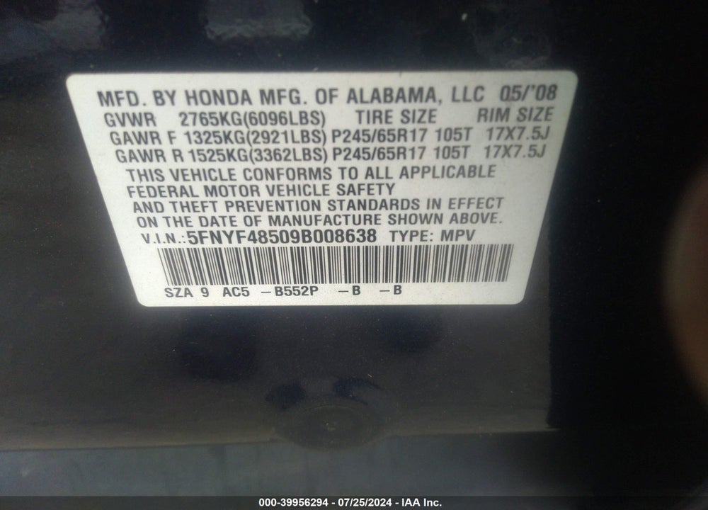 2009 HONDA PILOT EX-L VIN: 5FNYF48509B008638