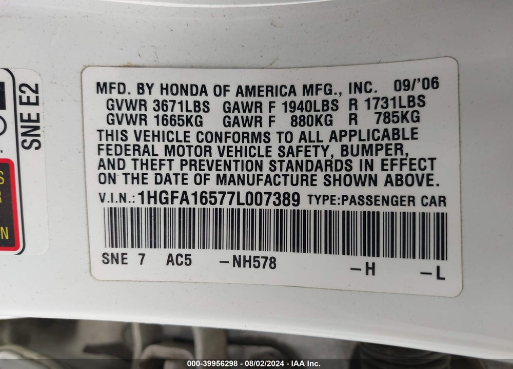 2007 HONDA CIVIC LX VIN: 1HGFA16577L007389