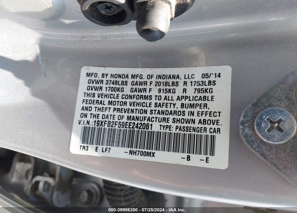 2014 HONDA CIVIC LX VIN: 19XFB2F59EE242061
