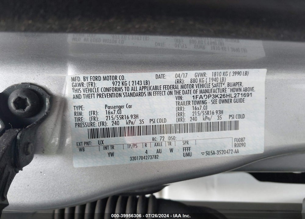 2017 FORD FOCUS VIN: 1FADP3K26HL271691